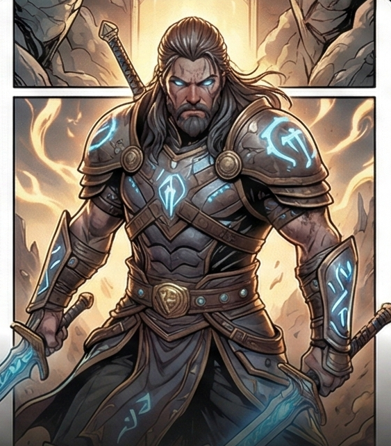 Graphic novel page — armored warrior
